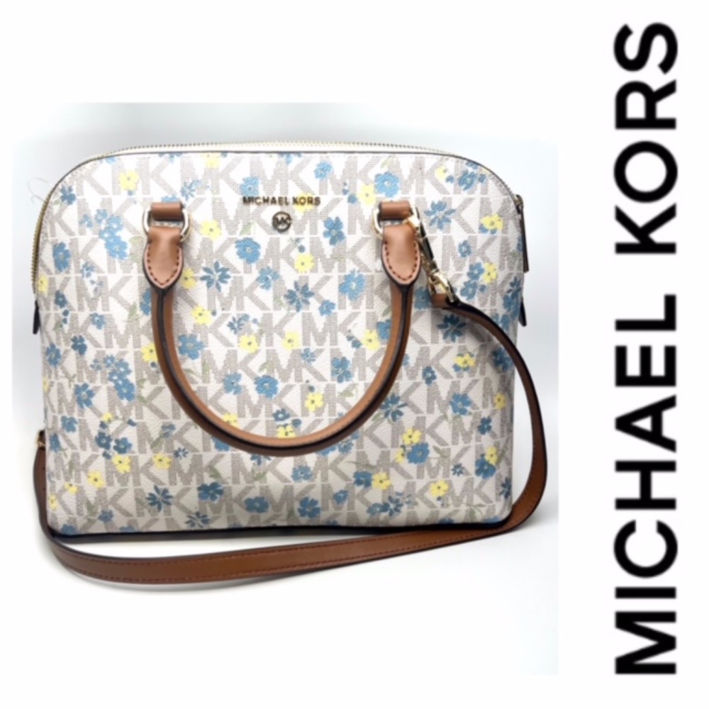 NWT MICHAEL KORS CINDY LG DOME SIGNATURE LOGO VANILLA LEATHER SATCHEL BAG